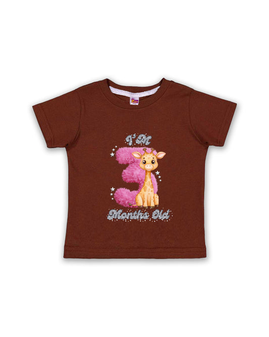 Newborn Chocolate Brown Tees "I’m 3 Months Old" – Soft Cotton | Pink 3 with Giraffe Print | Short Sleeve Milestone Outfit NPT061