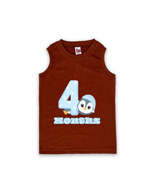 Newborn Sleeveless Chocolate Brown Vest - 4 Months Milestone Tee with Cute Penguin Design - Soft Cotton Baby Vest NPT109