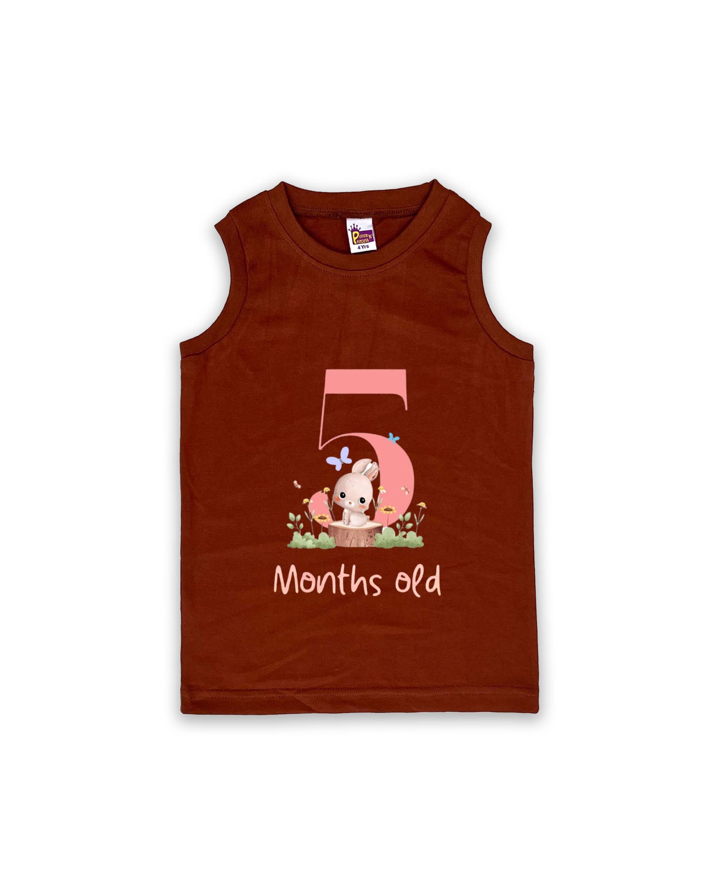 Newborn Sleeveless Chocolate Brown Vest - 5 Months Old Milestone vest with Adorable Bunny Design - Soft Cotton Baby Vest NPT117