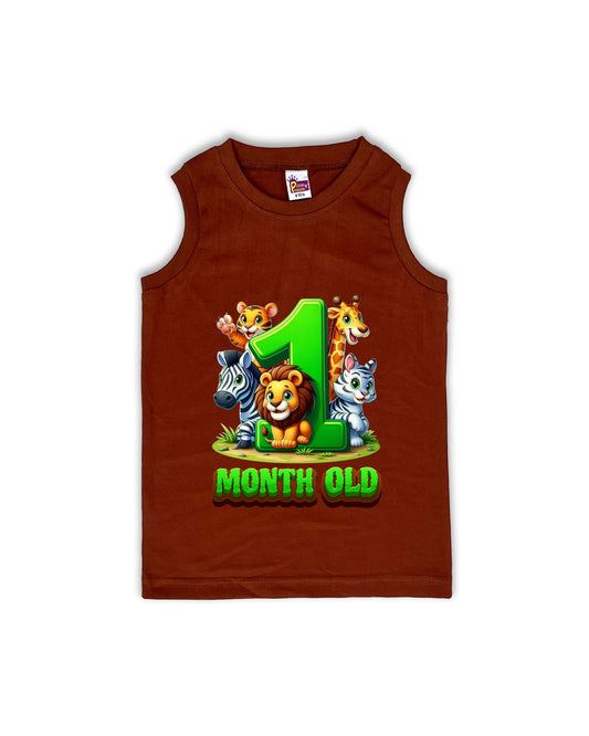 Newborn Chocolate brown Sleeveless Vest "1 Month Old" – Soft Cotton | Jungle Animal Milestone Vest for Newborns | NPT073