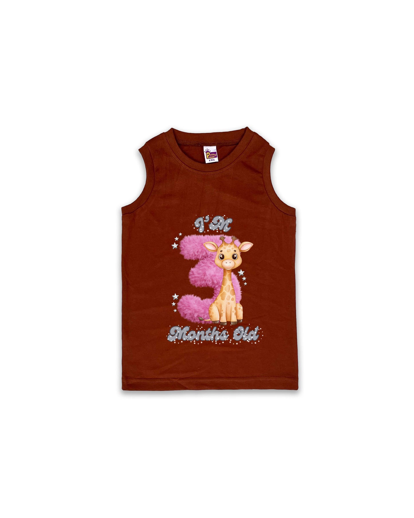 Newborn Chocolate Brown Sleeveless Vest "I’m 3 Months Old" – Soft Cotton | Pink 3 with Giraffe Milestone Vest for Baby Girls| NPT089