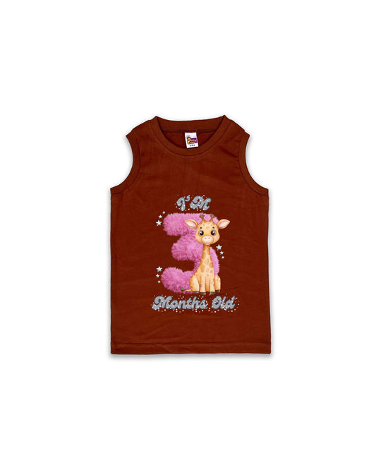 Newborn Chocolate Brown Sleeveless Vest "I’m 3 Months Old" – Soft Cotton | Pink 3 with Giraffe Milestone Vest for Baby Girls| NPT089