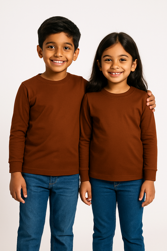 Kids Brown Full Sleeve Plain Tees – Comfortable Cotton Tee for Boys and Girls KTS053