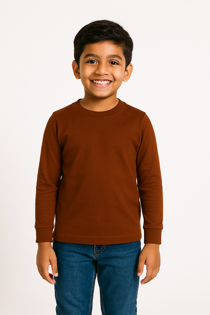 Kids Brown Full Sleeve Plain Tees – Comfortable Cotton Tee for Boys and Girls KTS053