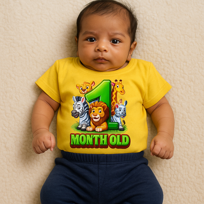Newborn Yellow Full Sleeve "1 Month Old" Birthday Tees – Soft Cotton | Jungle Animal Print | Milestone Outfit NPT001