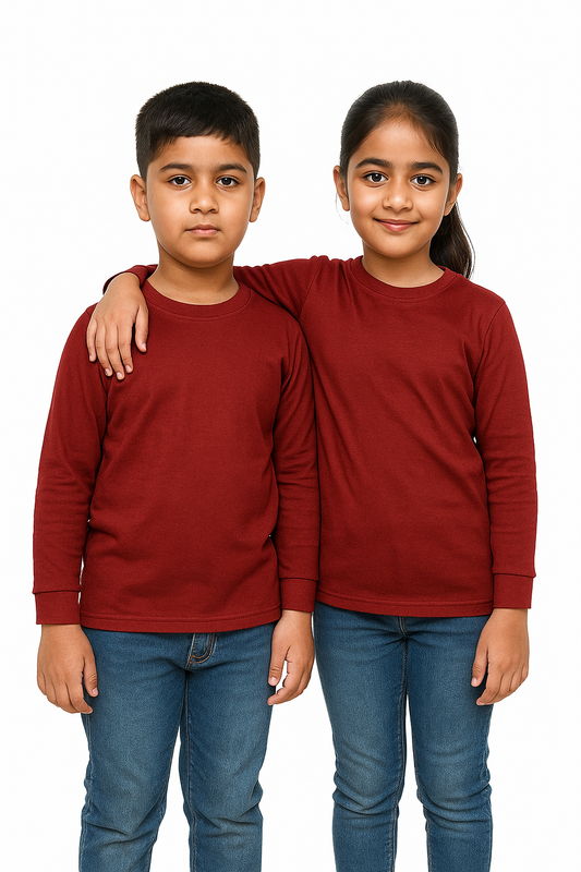 Kids Maroon Full Sleeve Plain Tees – Comfortable Cotton Tee for Boys and Girls KTS017