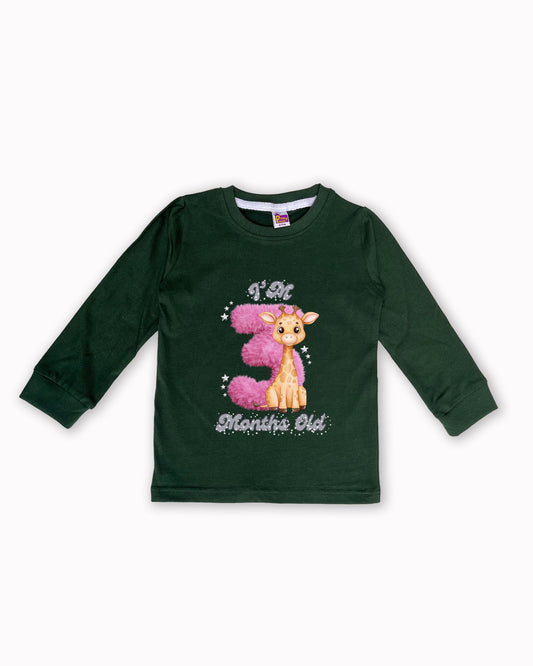 Newborn Dark Green Full Sleeve "I’m 3 Months Old" Milestone Tees – Soft Cotton | Pink 3 with Giraffe Print | Milestone Outfit NPT024