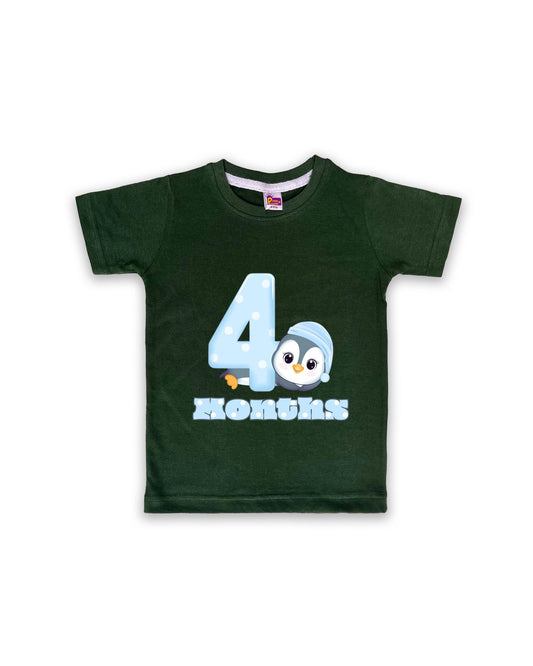 Newborn Half-Sleeve Dark Green Tees - 4 Months Milestone Tees with Adorable Penguin Design - Soft Cotton Baby Vest NPT0151