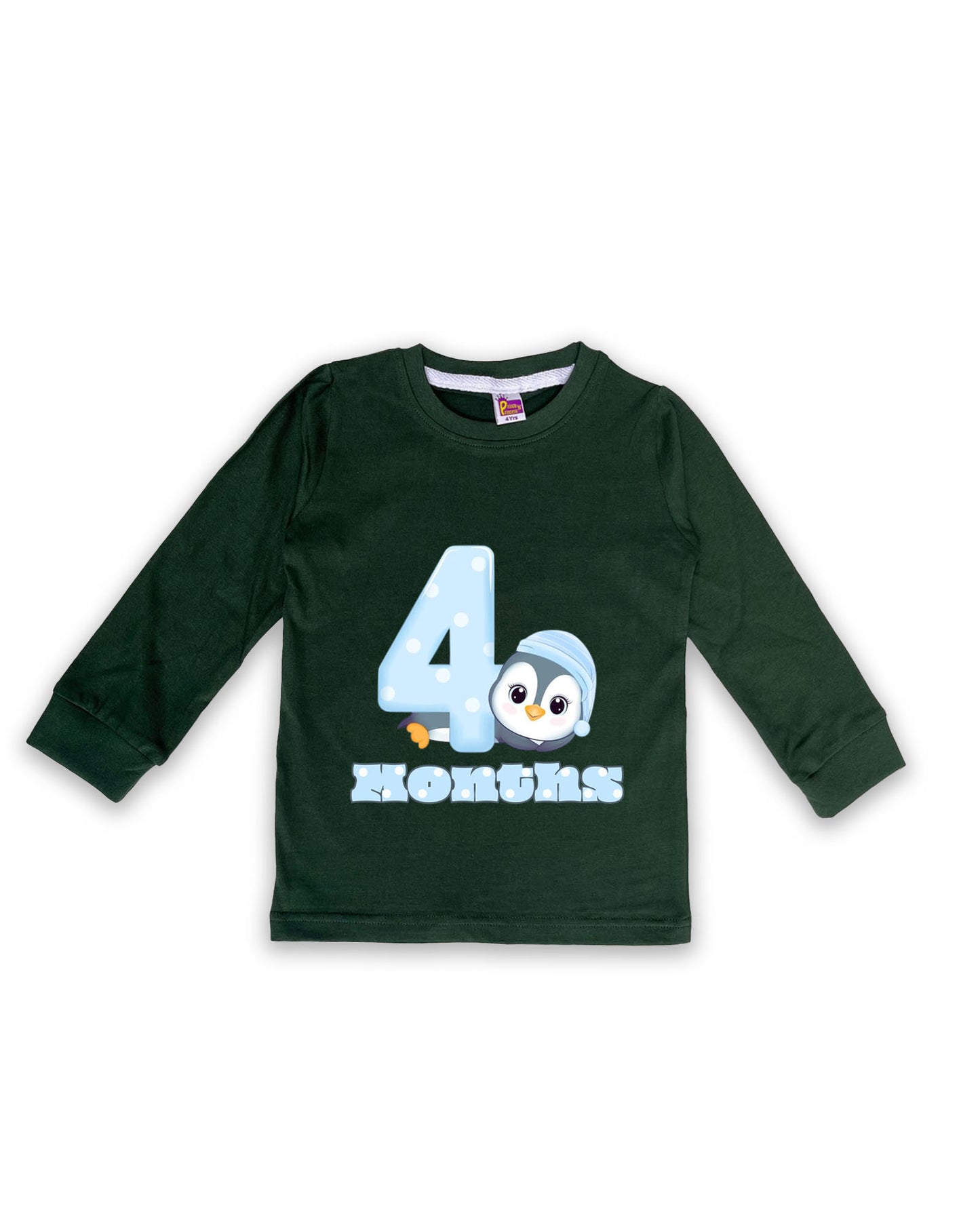 Newborn Full-Sleeve Dark Green Tees - 4 Months Milestone Tees with Adorable Penguin Design - Soft Cotton Baby Tees NPT0215