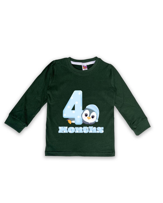 Newborn Full-Sleeve Dark Green Tees - 4 Months Milestone Tees with Adorable Penguin Design - Soft Cotton Baby Tees NPT0215