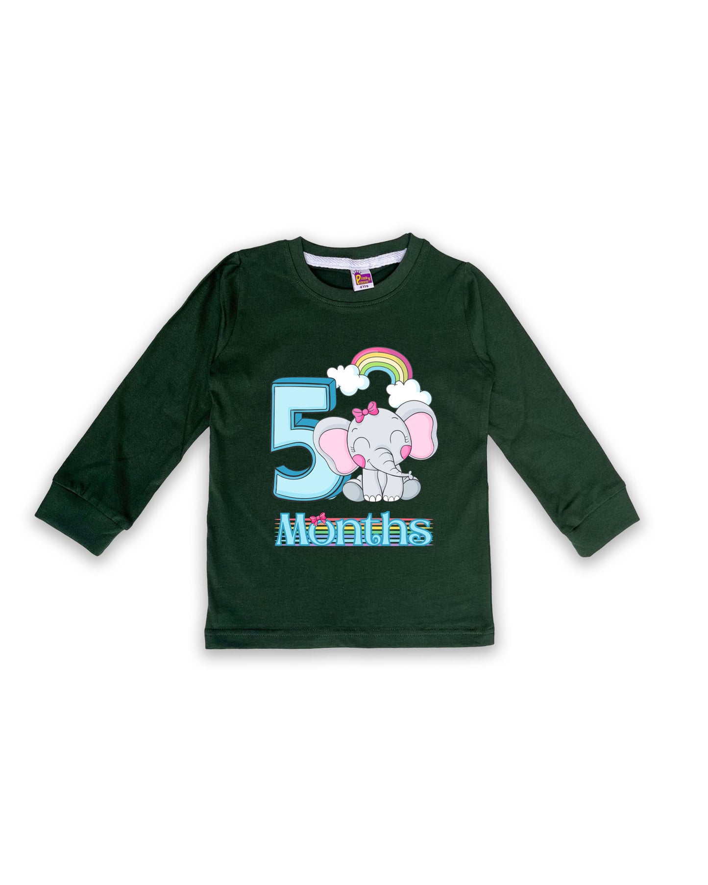 Newborn Full-Sleeve Dark Green Tees - 5 Months Milestone Tees with Adorable Elephant & Rainbow Design - Soft Cotton Baby Tees NPT0227