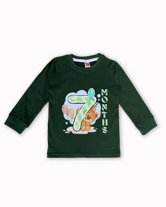 Newborn Full-Sleeve Dark Green Tees - 7 Months Milestone Tees with Party Bear & Balloons Design - Soft Cotton Baby Tees NPT0248