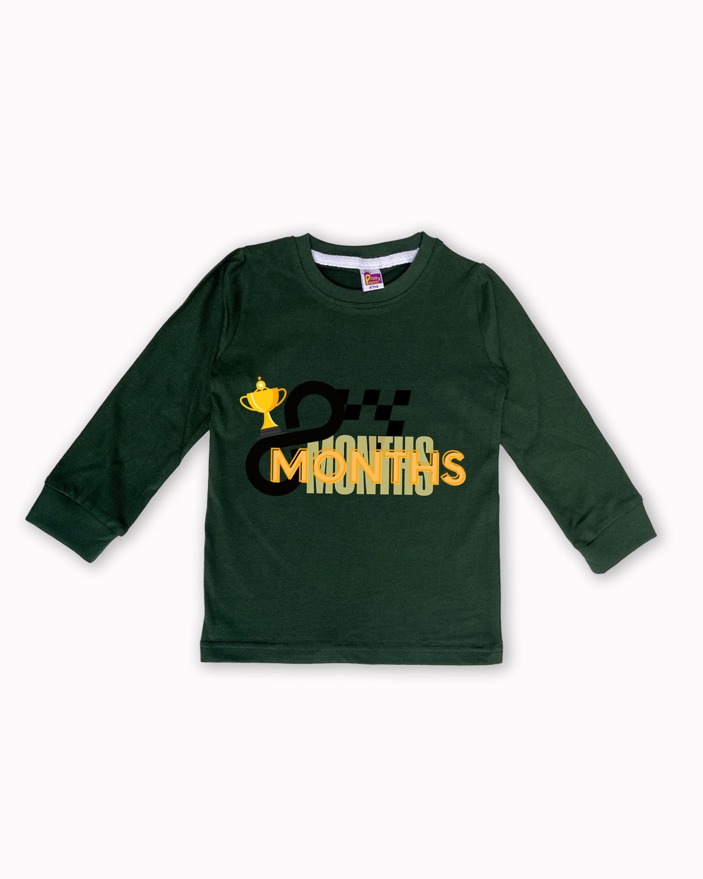 Newborn Full-Sleeve Dark Green Tees - 8 Months Milestone Tees with Racing Trophy & Checkered Flag Design - Soft Cotton Baby Tees NPT0258