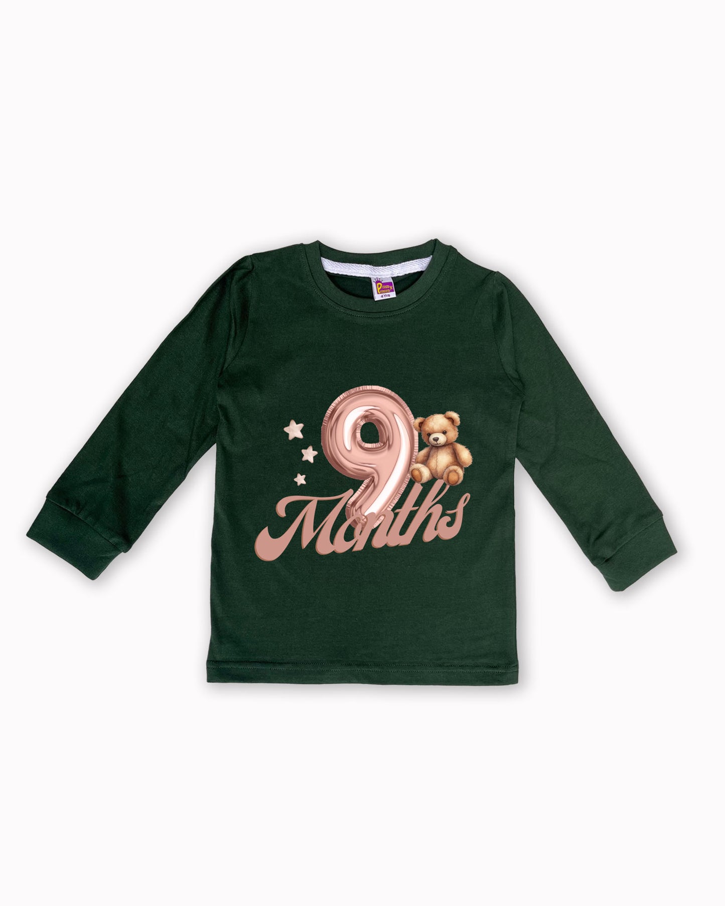 Newborn Full-Sleeve Dark Green Tees - 9 Months Milestone Tees with Balloon Number & Teddy Bear Design - Soft Cotton Baby Tees NPT0267