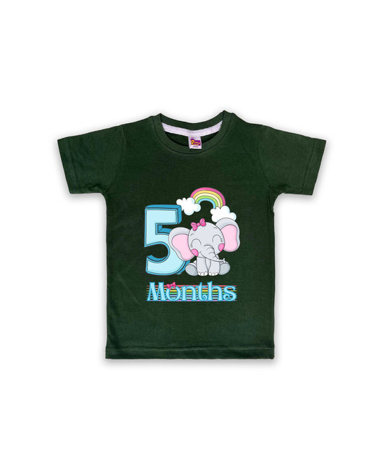 Newborn Half-Sleeve Dark Green Tees - 5 Months Milestone Tees with Adorable Elephant & Rainbow Design - Soft Cotton Baby tees NPT0163