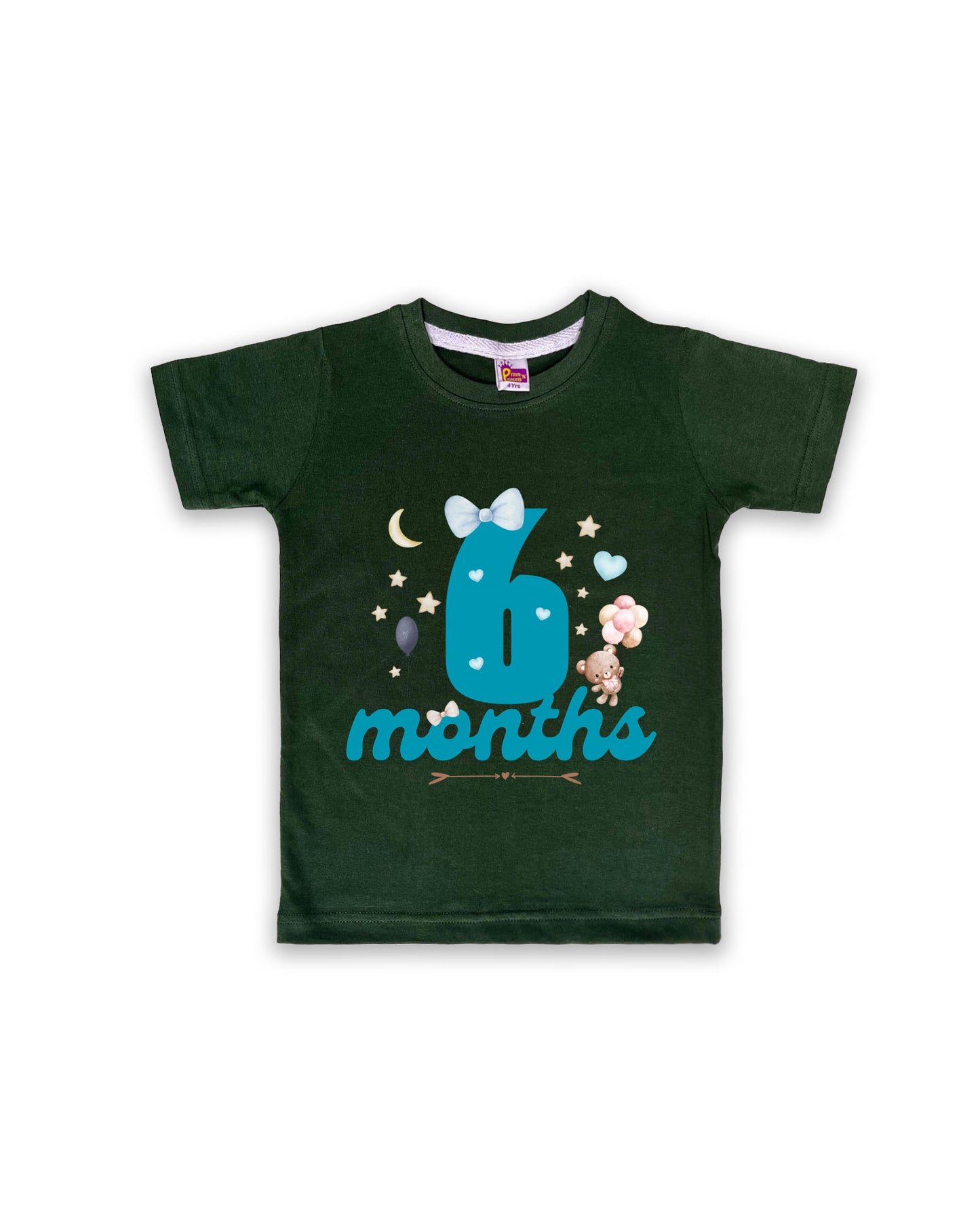 Newborn Half-Sleeve Dark Green Tees - 6 Months Milestone Tees with Teddy Bear & Balloon Design - Soft Cotton Baby Tees NPT0173