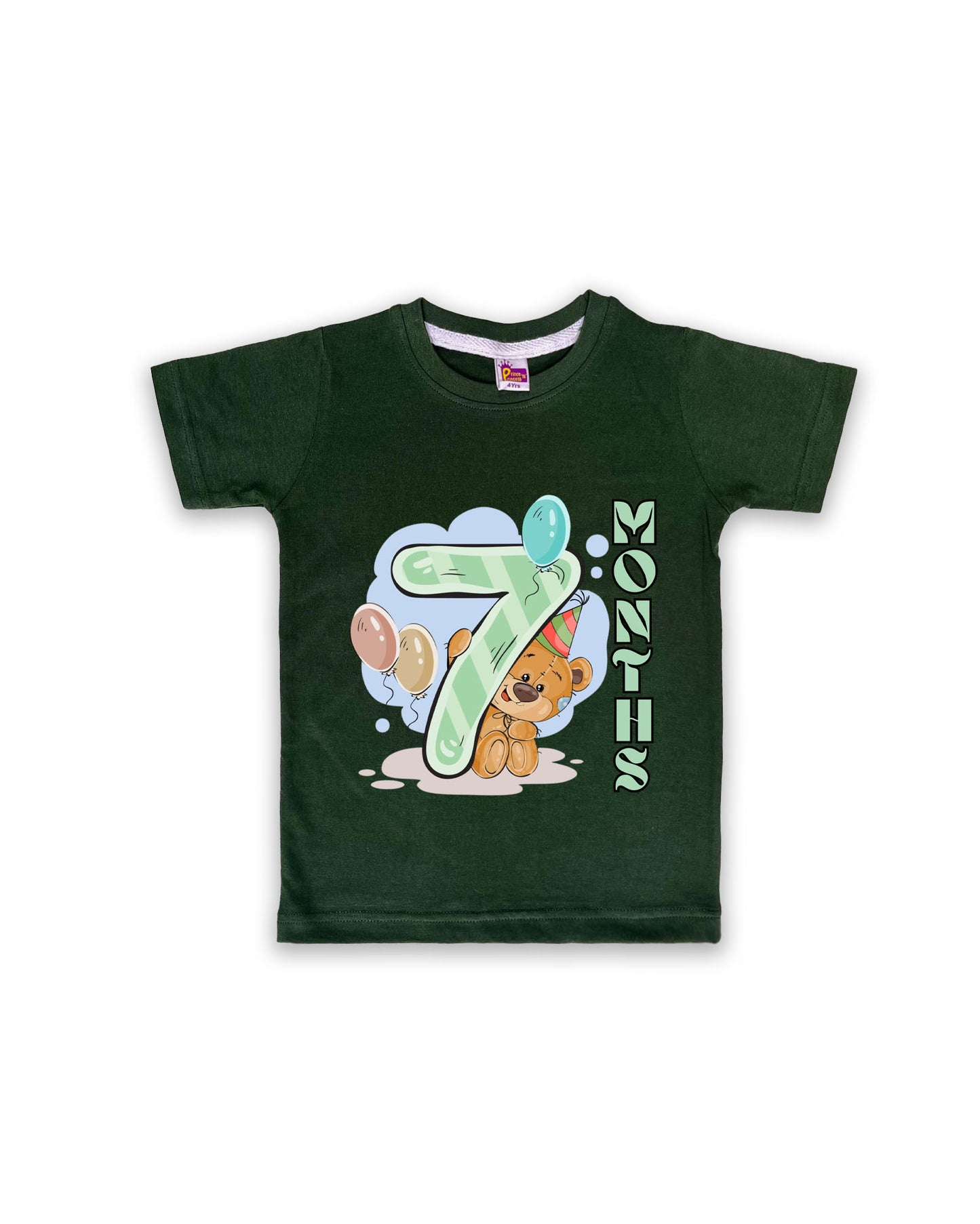 Newborn Half-Sleeve Dark Green Tees - 7 Months Milestone Tees with Party Bear & Balloons Design - Soft Cotton Baby Tees NPT0184