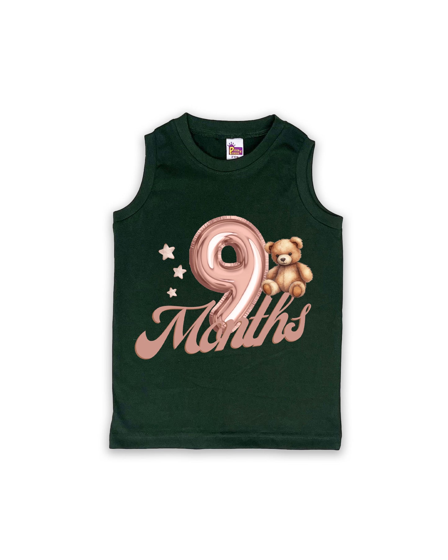 Newborn Sleeveless Dark Green vest - 9 Months Milestone vest with Teddy Bear & Balloon Number Design - Soft Cotton Baby Vest NPT143
