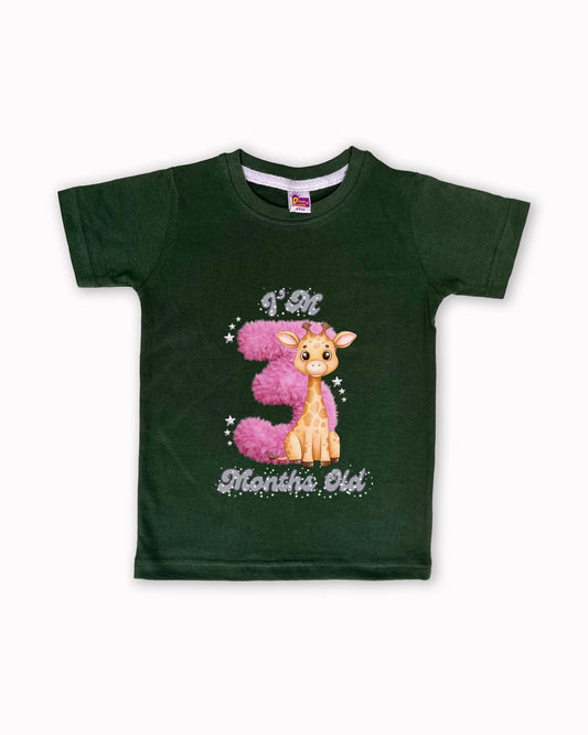 Newborn Dark Green Tees "I’m 3 Months Old" – Soft Cotton | Pink 3 with Giraffe Print | Short Sleeve Milestone Outfit NPT062