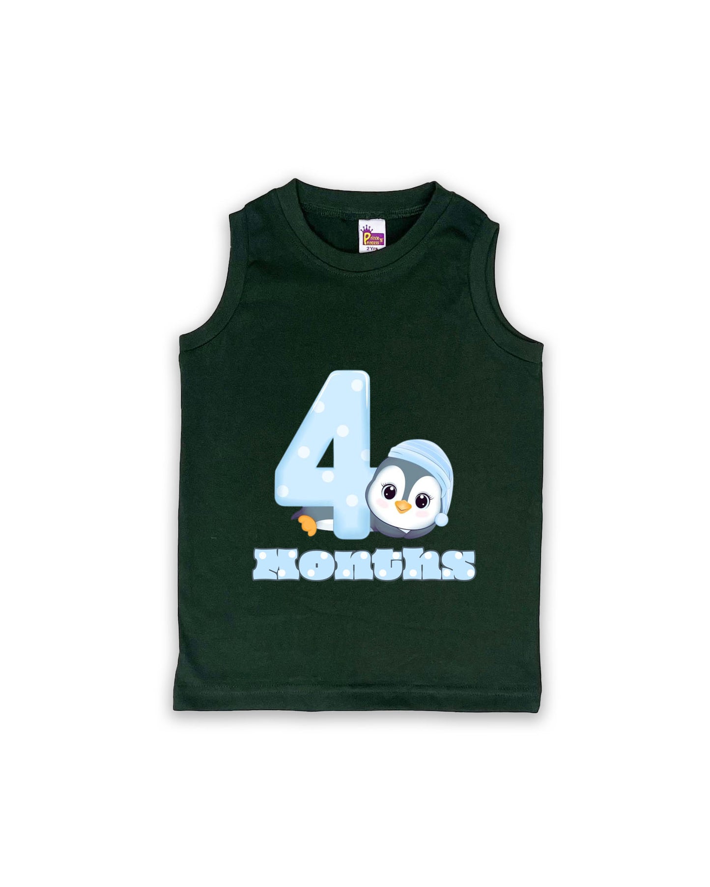 Newborn Sleeveless Dark Green Vest - 4 Months Milestone Tee with Cute Penguin Design - Soft Cotton Baby Vest NPT110