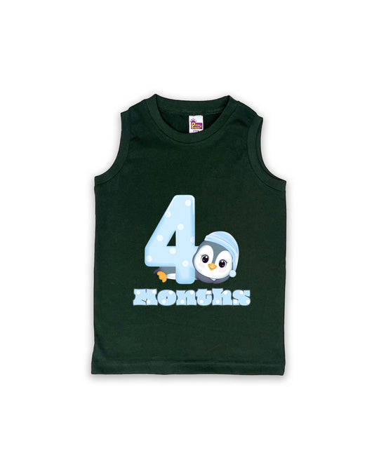 Newborn Sleeveless Dark Green Vest - 4 Months Milestone Tee with Cute Penguin Design - Soft Cotton Baby Vest NPT110