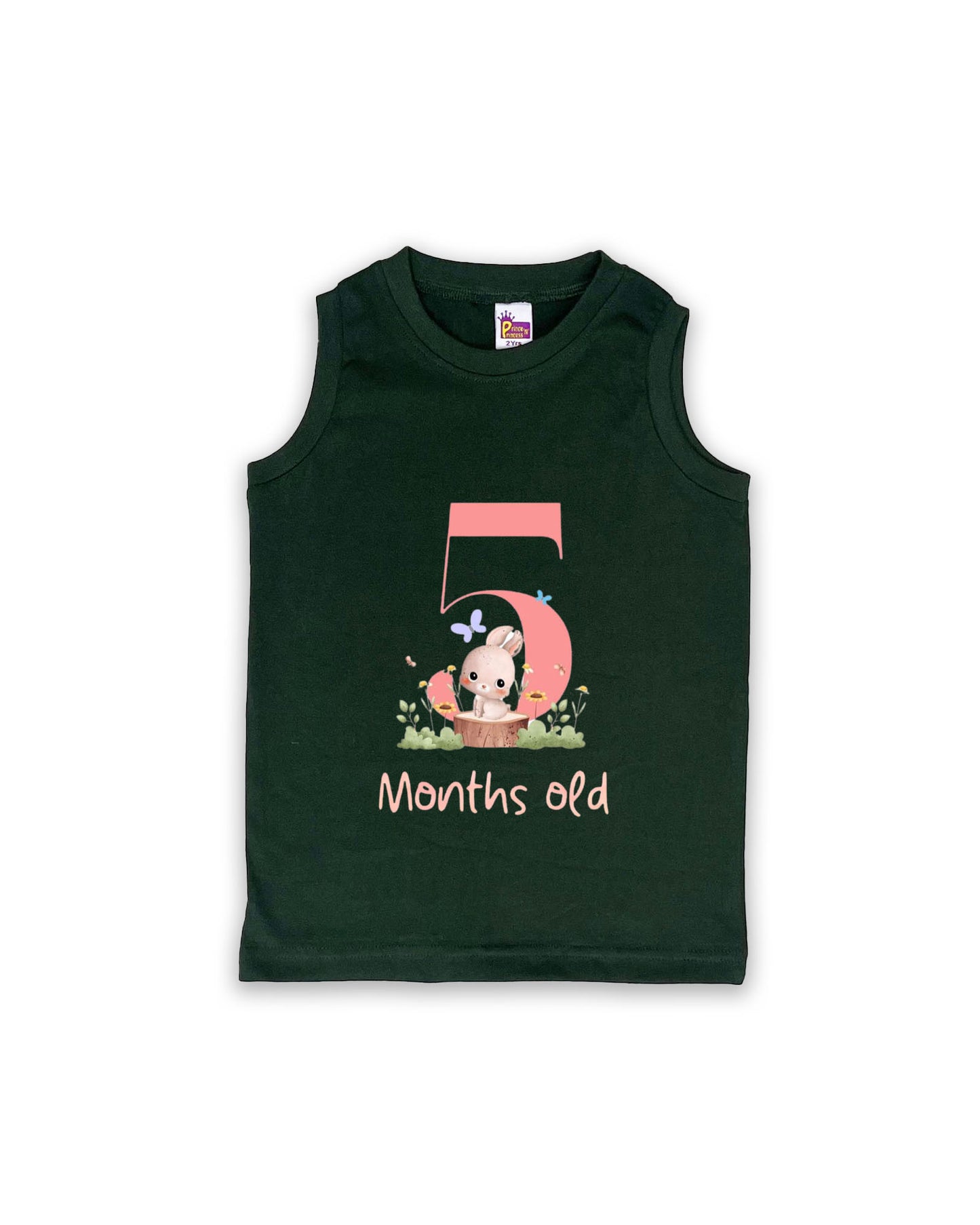 Newborn Sleeveless Dark Green Vest - 5 Months Old Milestone vest with Adorable Bunny Design - Soft Cotton Baby Vest NPT118