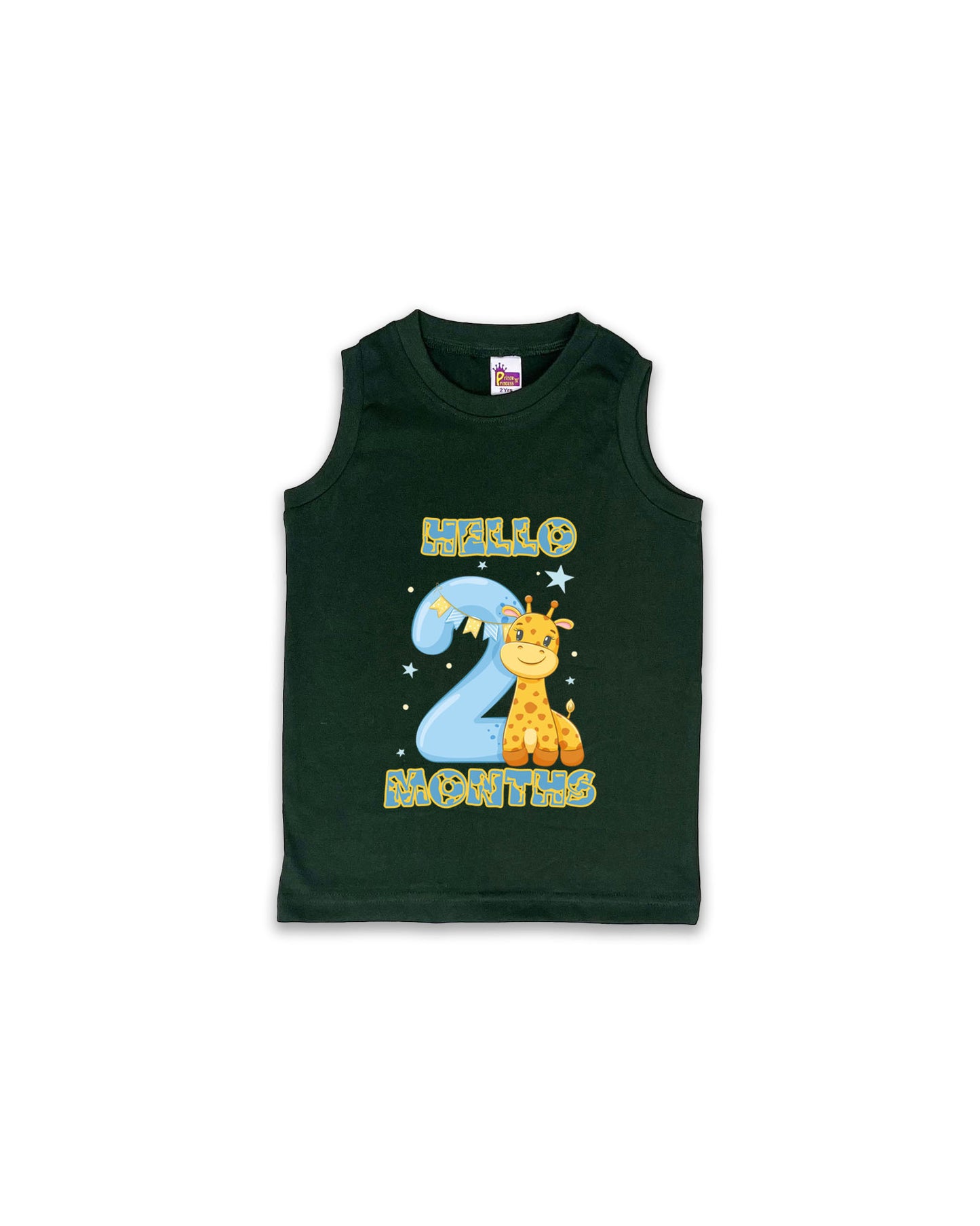Newborn Dark Green Sleeveless Vest "Hello 2 Months" – Soft Cotton | Giraffe Print Milestone Vest for Babies | NPT082