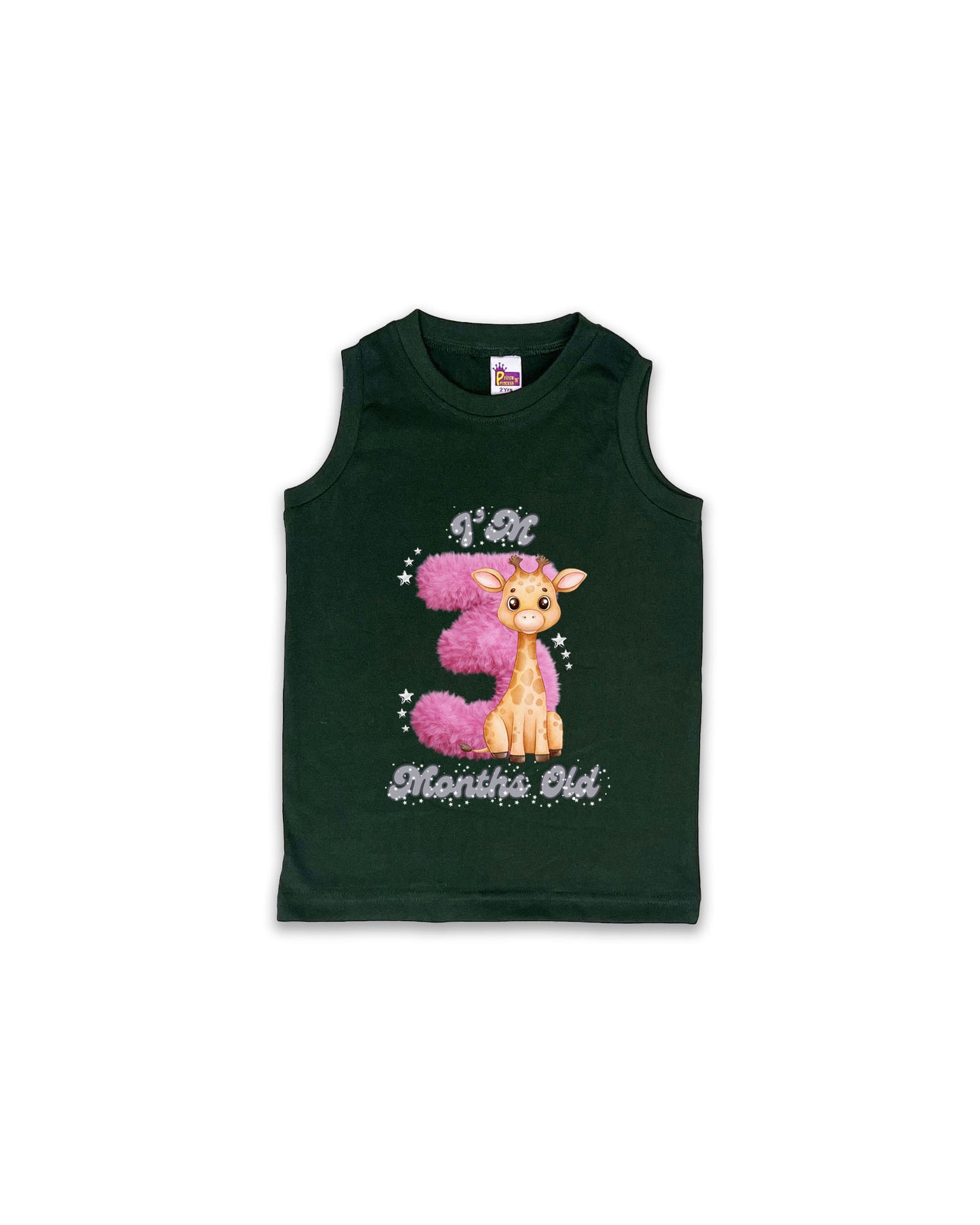 Newborn Dark Green Sleeveless Vest "I’m 3 Months Old" – Soft Cotton | Pink 3 with Giraffe Milestone Vest for Baby Girls| NPT090
