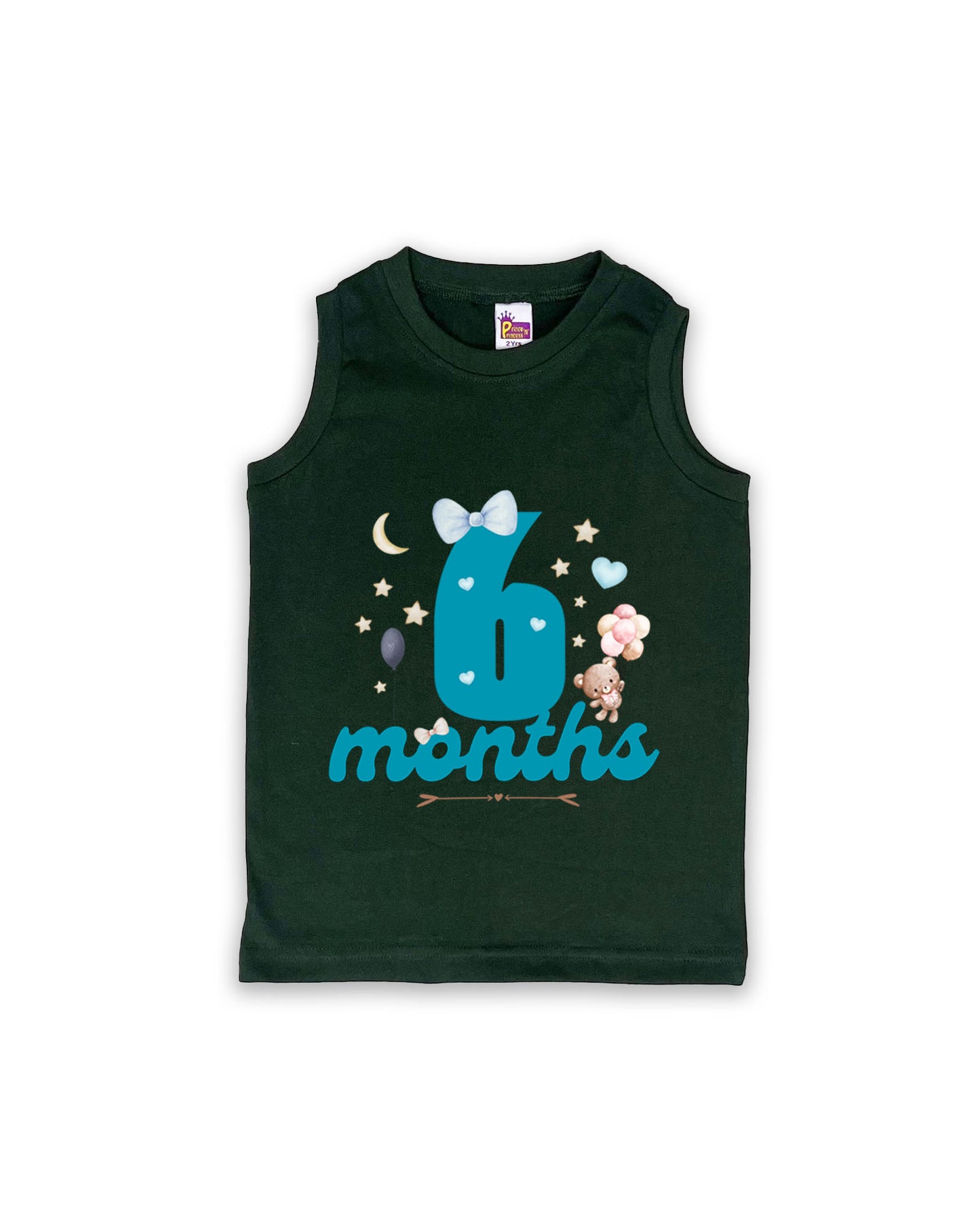 Newborn Sleeveless Dark Green Vest - 6 Months Milestone Vest with Cute Teddy Bear & Balloons Design - Soft Cotton Baby Vest NPT124