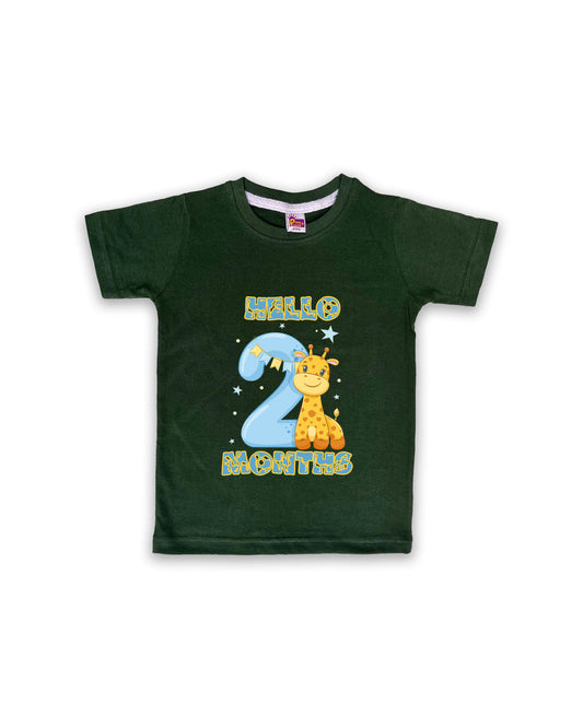 Newborn Dark Green Tees "Hello 2 Months" – Soft Cotton | Giraffe & Stars Milestone Outfit | Short Sleeve Baby Tees NPT049