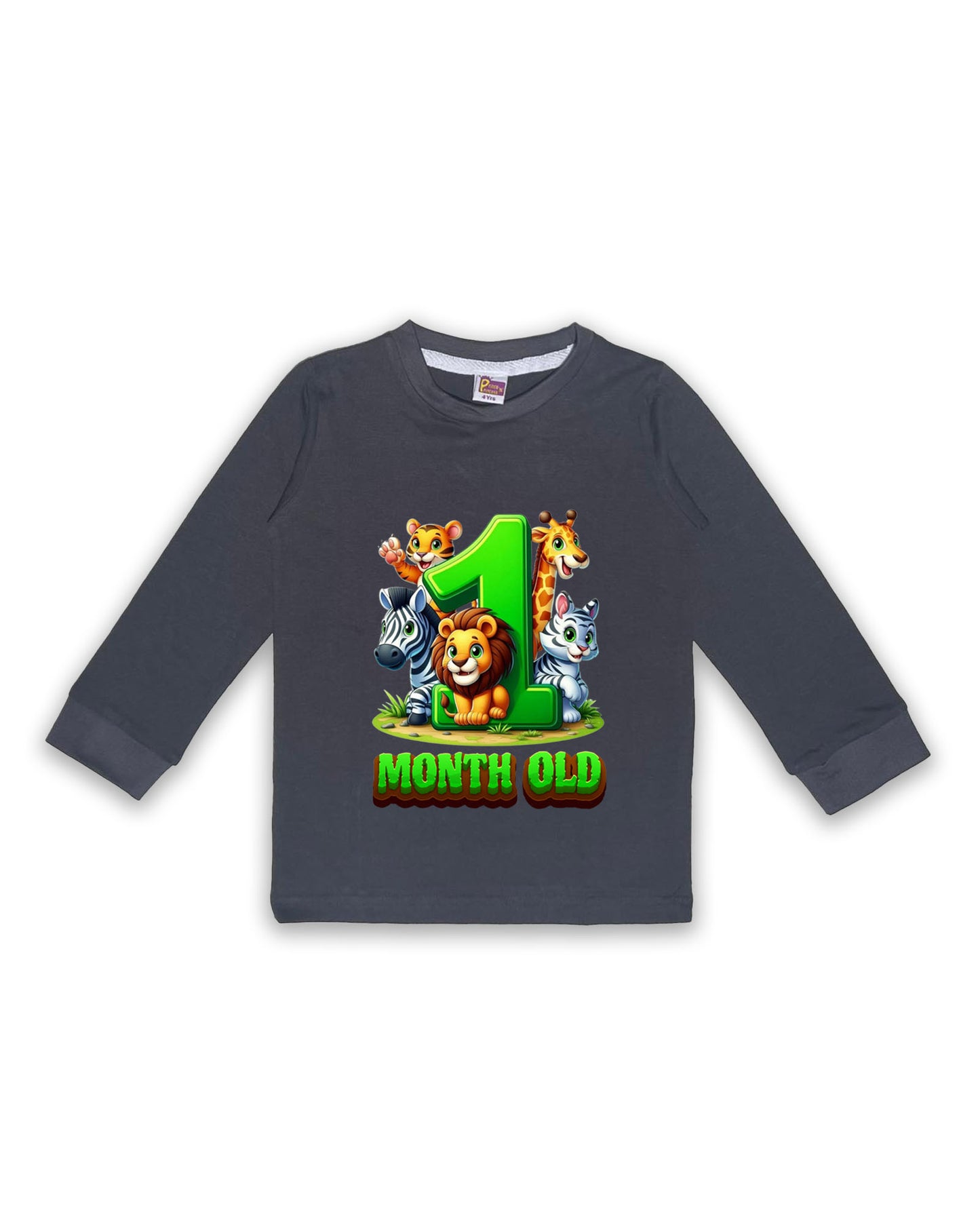 Newborn Dark Grey Full Sleeve "1 Month Old" Birthday Tees – Soft Cotton | Jungle Animal Print | Milestone Outfit NPT007