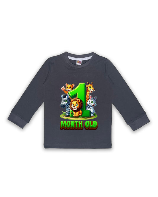 Newborn Dark Grey Full Sleeve "1 Month Old" Birthday Tees – Soft Cotton | Jungle Animal Print | Milestone Outfit NPT007