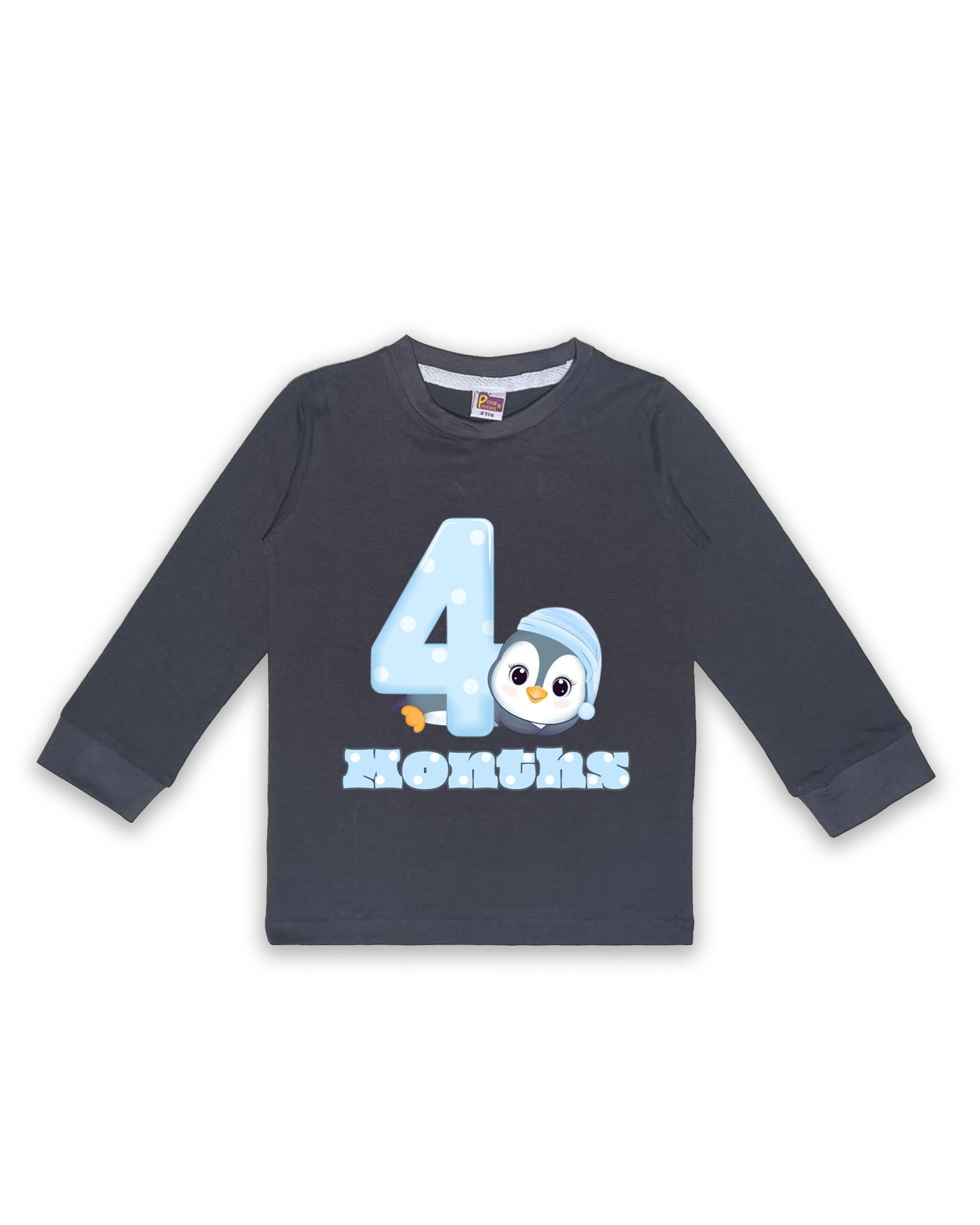 Newborn Full-Sleeve Dark Grey Tees - 4 Months Milestone Tees with Adorable Penguin Design - Soft Cotton Baby Tees NPT0216