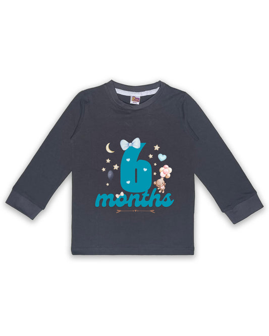 Newborn Full-Sleeve Dark Grey Tees - 6 Months Milestone Tees with Teddy Bear & Balloon Design - Soft Cotton Baby NPT0238