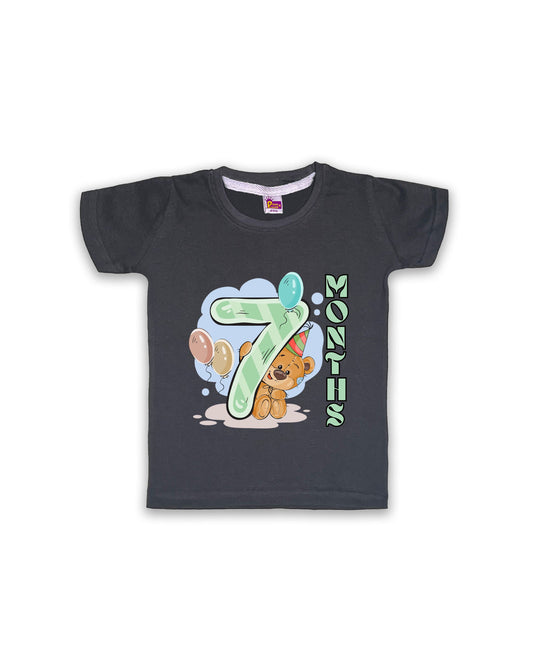 Newborn Half-Sleeve Dark Grey Tees - 7 Months Milestone Tees with Party Bear & Balloons Design - Soft Cotton Baby Tees NPT0185
