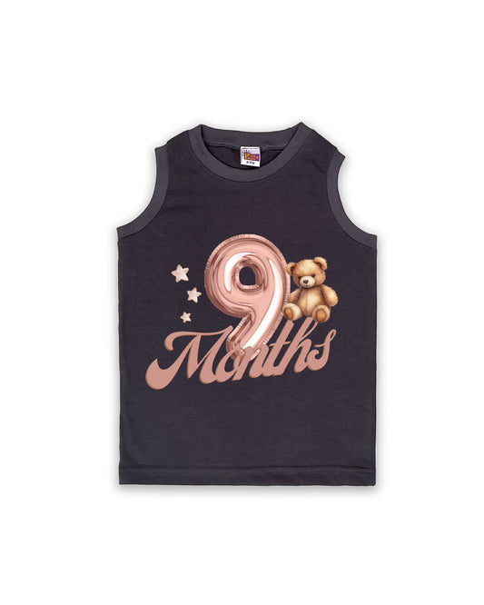 Newborn Sleeveless Dark Grey vest - 9 Months Milestone vest with Teddy Bear & Balloon Number Design - Soft Cotton Baby Vest NPT144