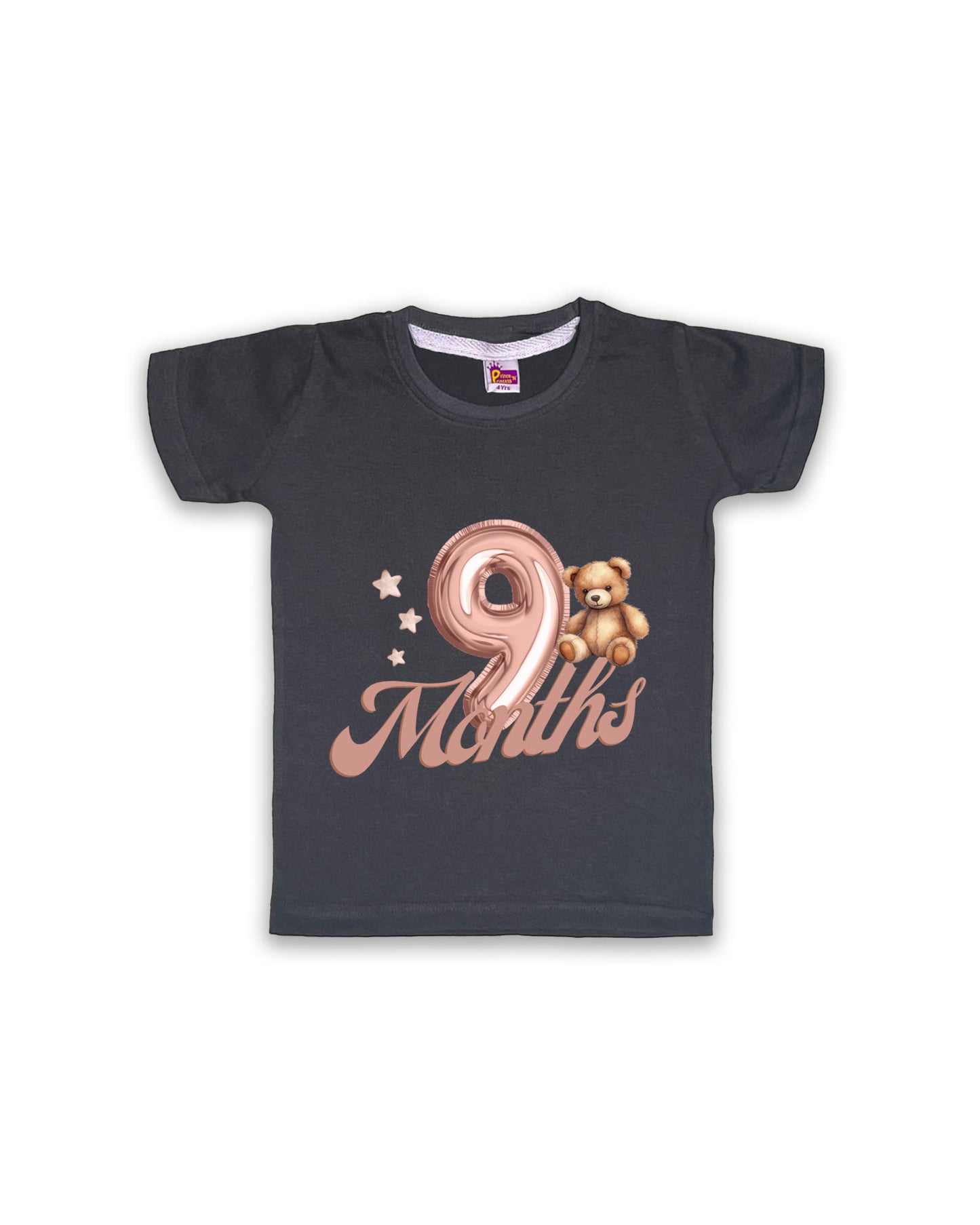 Newborn Half-Sleeve Dark Grey Tees - 9 Months Milestone Tees with Balloon Number & Teddy Bear Design - Soft Cotton Baby Tees NPT0204