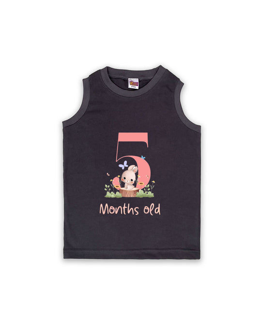 Newborn Sleeveless Dark Grey Vest - 5 Months Old Milestone vest with Adorable Bunny Design - Soft Cotton Baby Vest NPT119