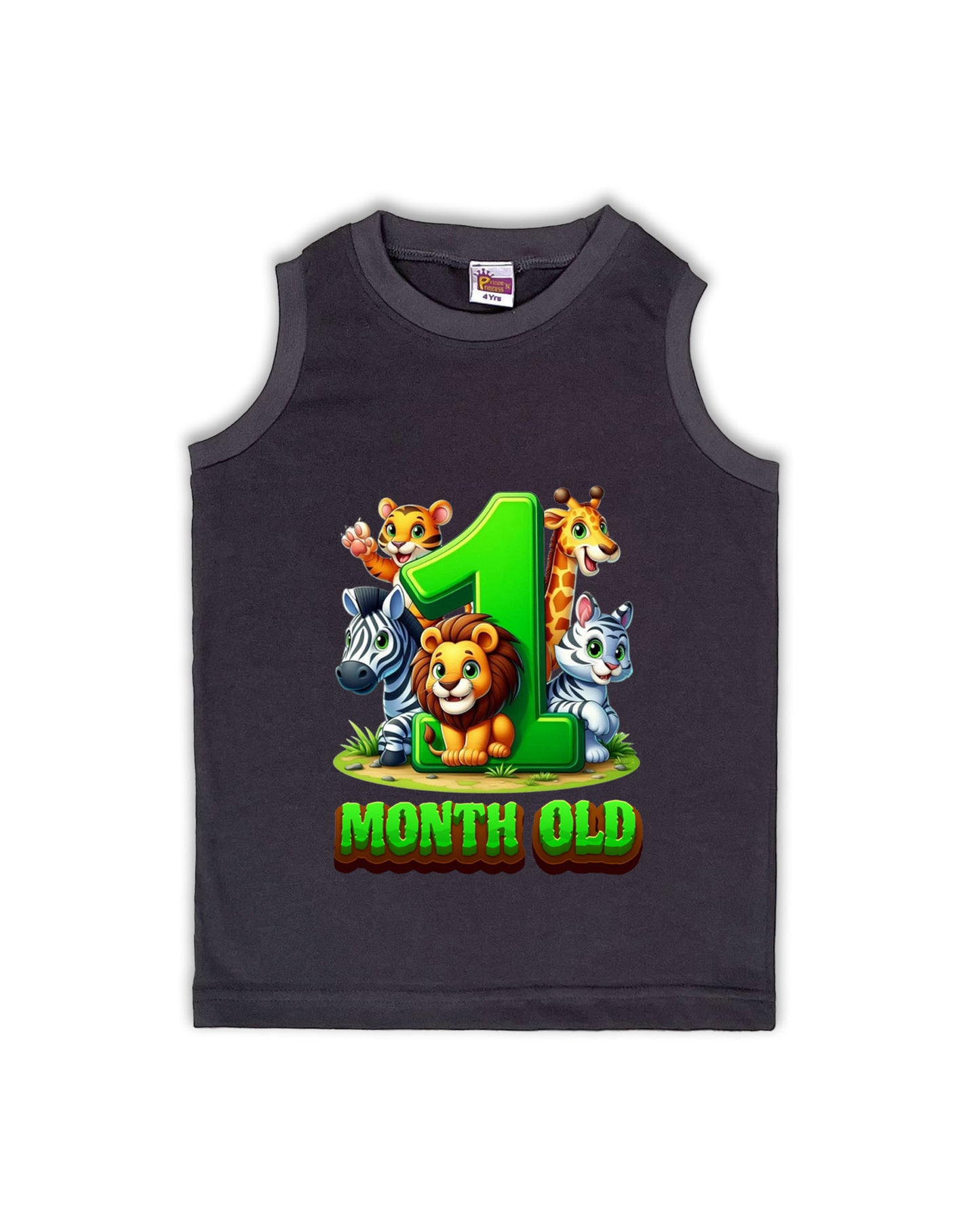 Newborn Dark Grey Sleeveless Vest "1 Month Old" – Soft Cotton | Jungle Animal Milestone Vest for Newborns | NPT075