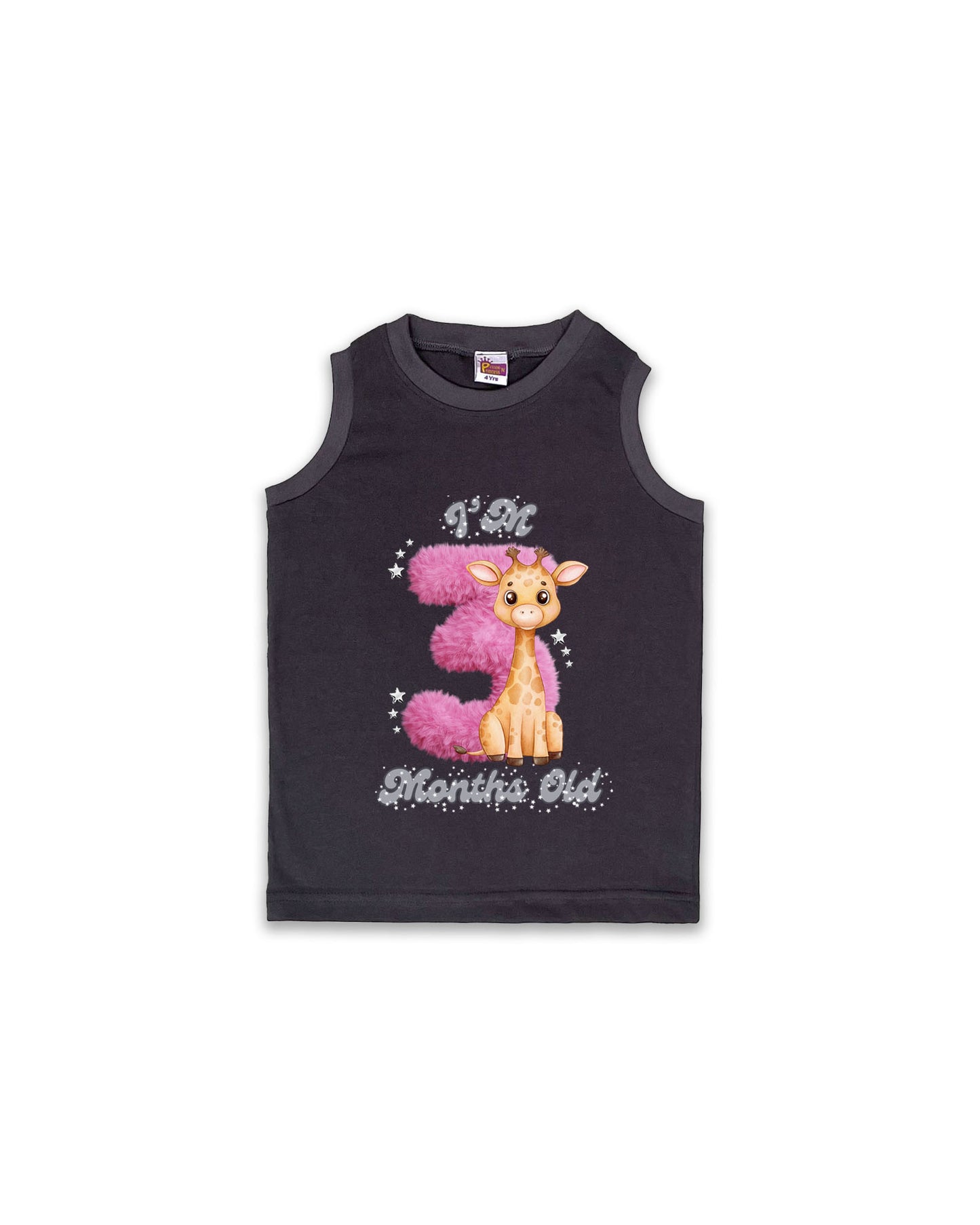 Newborn Dark Grey Sleeveless Vest "I’m 3 Months Old" – Soft Cotton | Pink 3 with Giraffe Milestone Vest for Baby Girls| NPT091