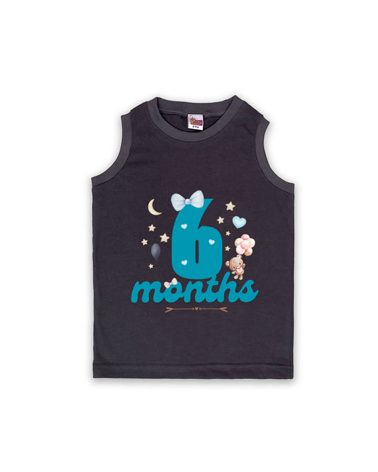 Newborn Sleeveless Dark Grey Vest - 6 Months Milestone Vest with Cute Teddy Bear & Balloons Design - Soft Cotton Baby Vest NPT125