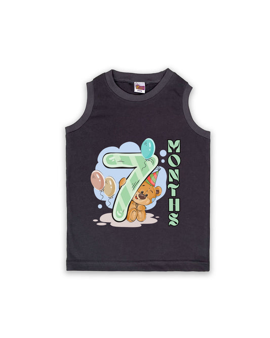 Newborn Sleeveless Dark Grey vest - 7 Months Milestone Vest with Cute Party Bear & Balloons Design - Soft Cotton Baby Vest NPT132