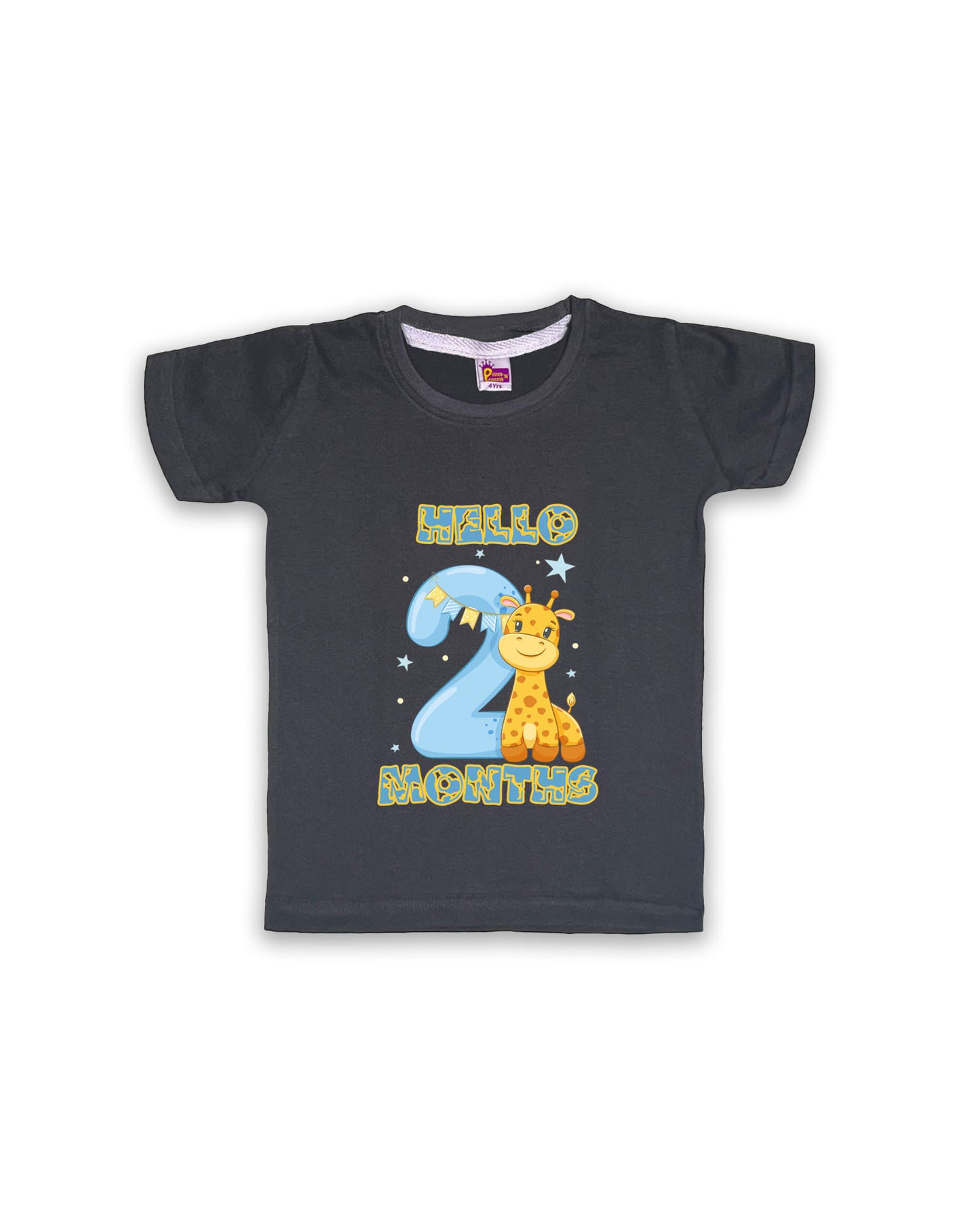 Newborn Dark Grey Tees "Hello 2 Months" – Soft Cotton | Giraffe & Stars Milestone Outfit | Short Sleeve Baby Tees NPT051