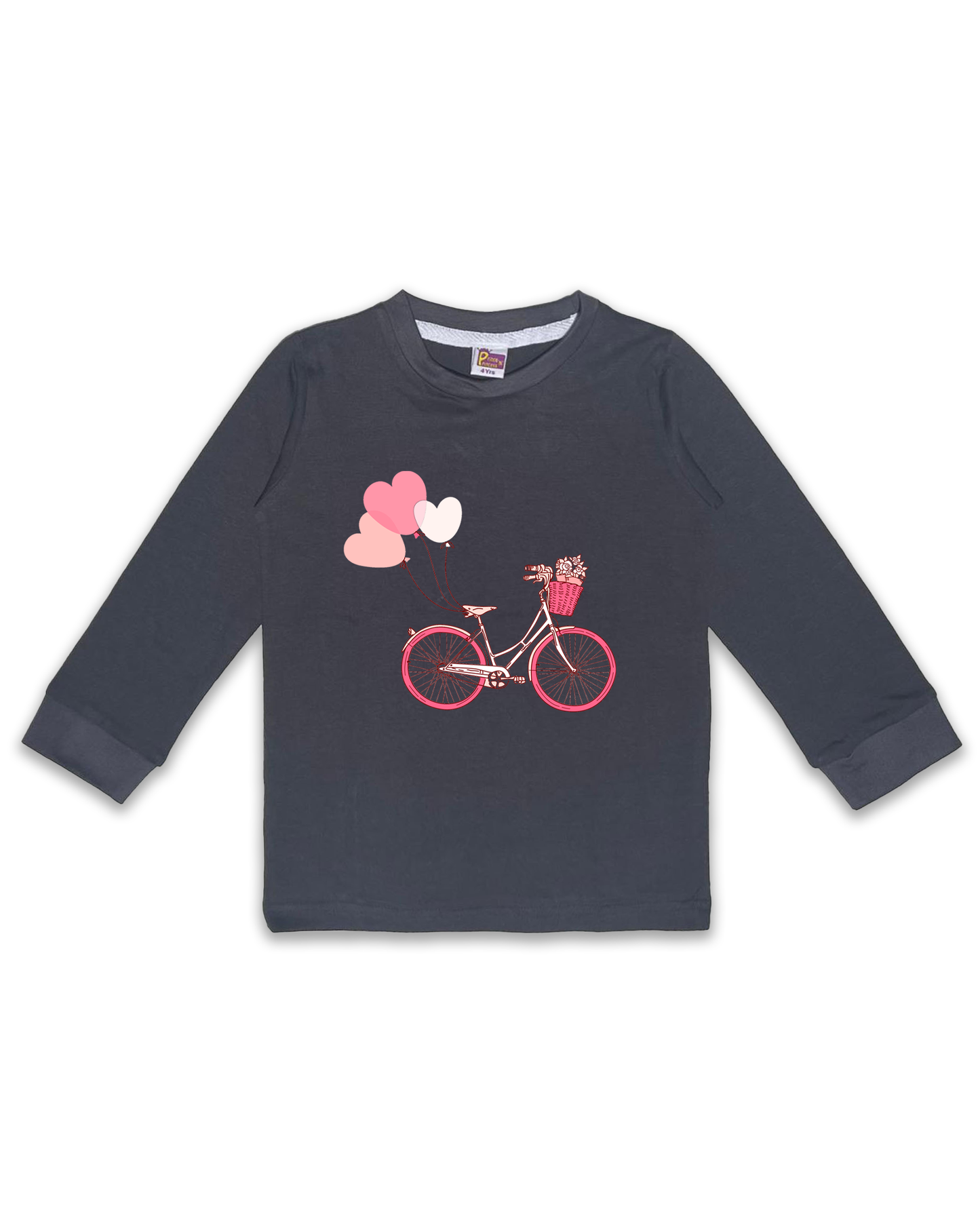Kids’ Printed Full Sleeve Tees – Dark Grey Tees for Girls FTS0148