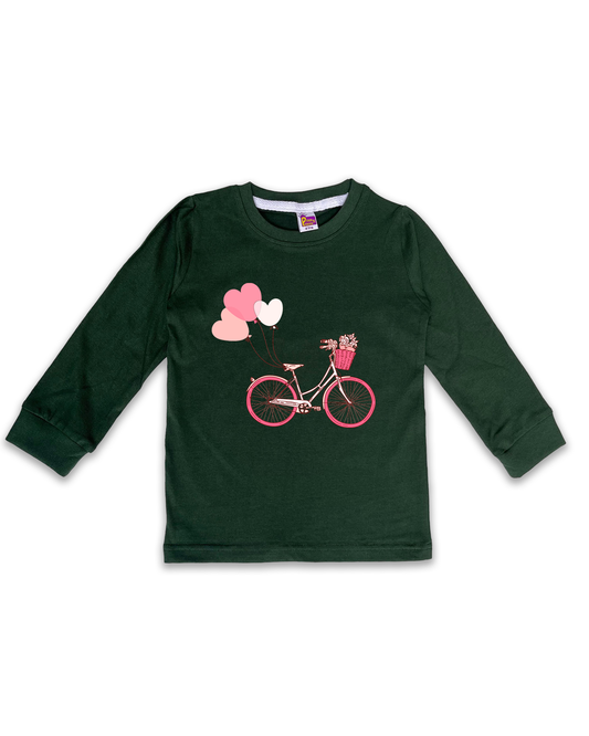 Kids’ Printed Full Sleeve Tees – Dark Green Tees for Girls FTS0149