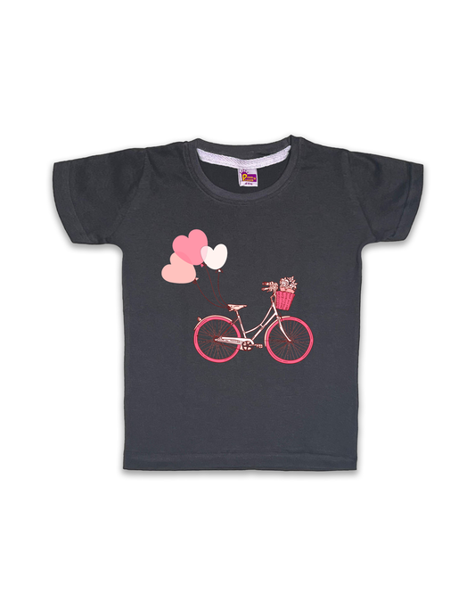 Kids’ Printed Half Sleeve Tees – Dark Grey Tees for Girls FTS062