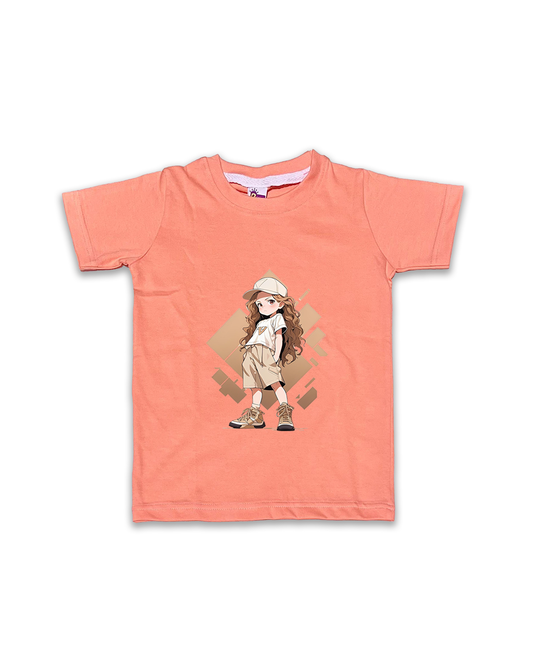 Kids’ Printed Half Sleeve Tees – Peach Tees for Girls FTS076