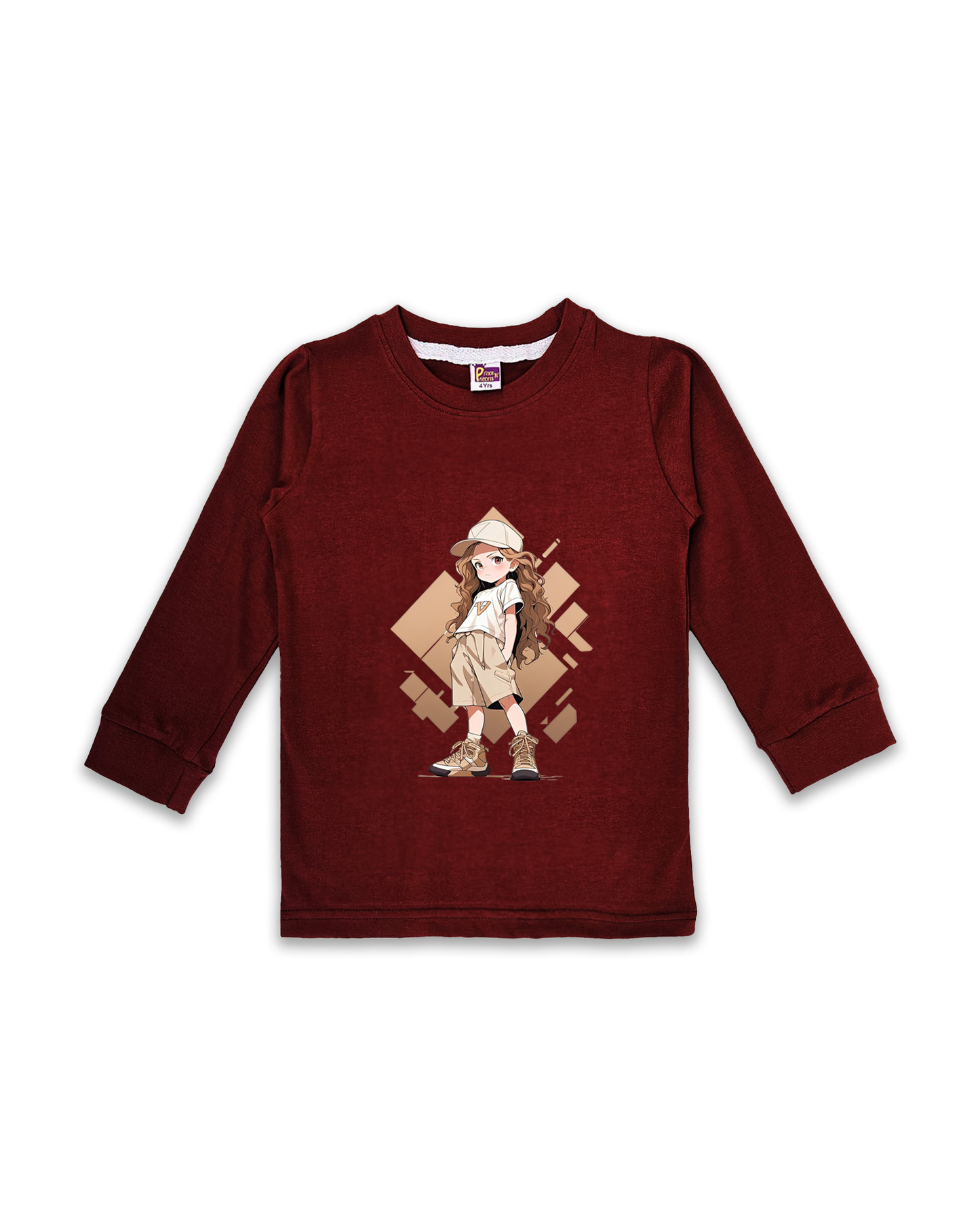 Kids’ Printed Full Sleeve Tees – Maroon Tees for Girls FTS0168