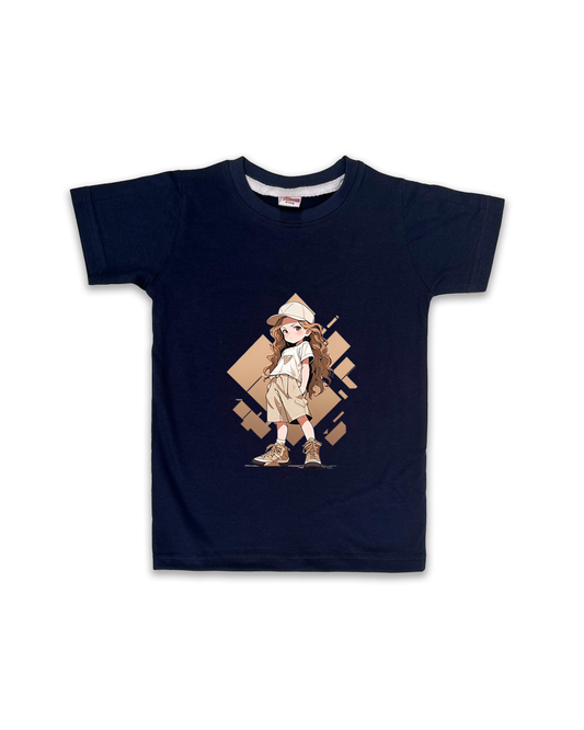Kids’ Printed Half Sleeve Tees – Navy Tees for Girls FTS074