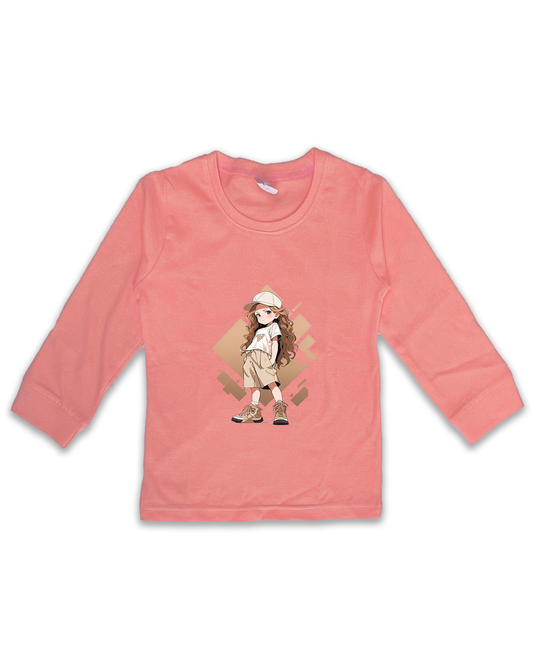 Kids’ Printed Full Sleeve Tees – Peach Tees for Girls FTS0170